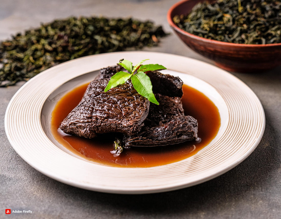 Pu-erh Tea Beef Au Jus in a plate