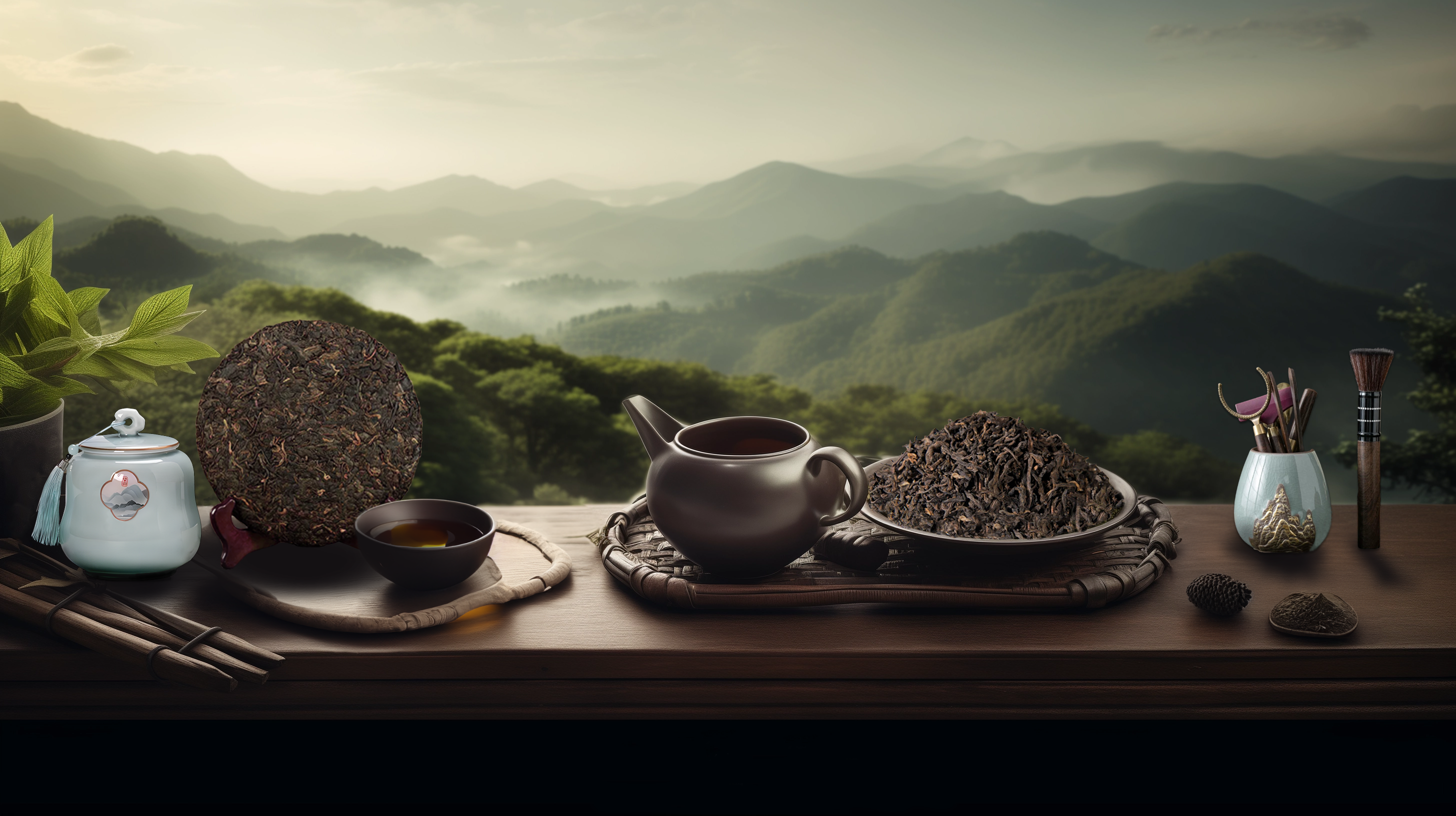 Pu-erh Tea with a background of Chinese tea mountains